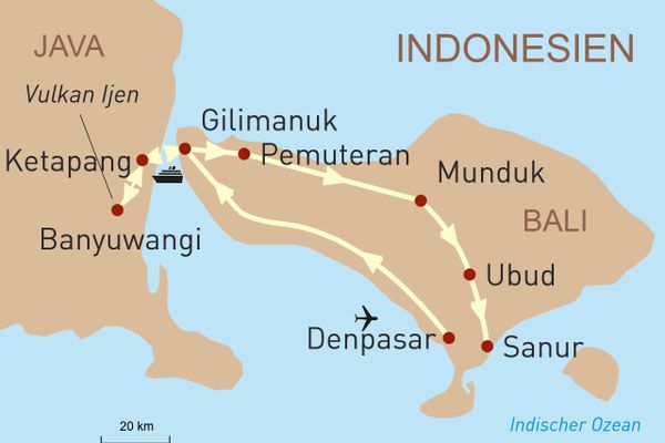 Karte zum Reiseverlauf Banyuwangi - Entdeckungen auf Balis Nachbarinsel Java