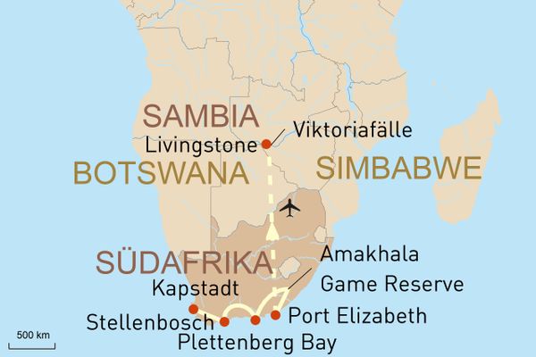 Karte zur Südafrika Mietwagenreise Citylife, Weingenuss und Safari