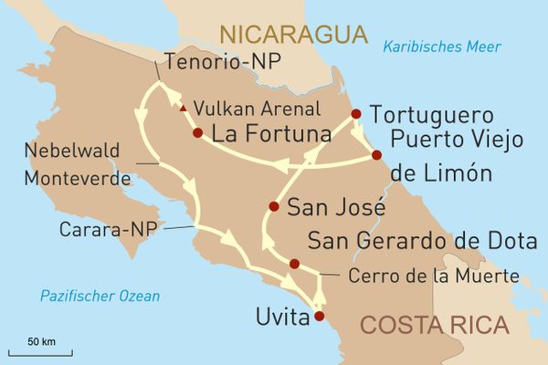 Karte für Reiseverlauf - Costa Rica mit dem Mietwagen entdecken