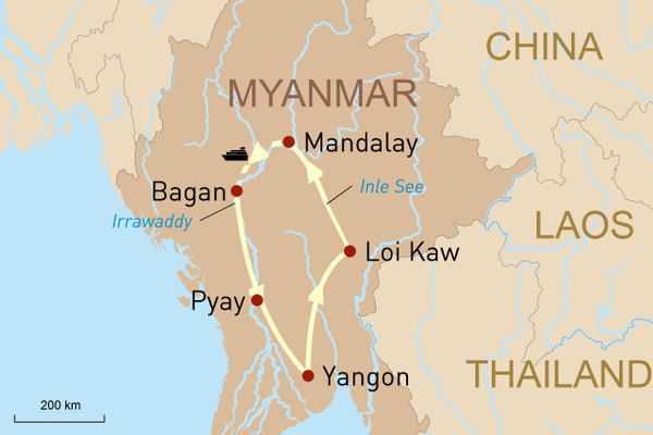 Karte Myanmar Überlandreise mit Luxusflusskreuzfahrt Irrawaddy