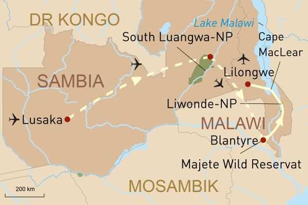 Reisekarte Afrika Arabien Sambia und Malawi