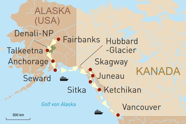 Alaska und Kreuzfahrt entlang der Inside Passage - Landkarte