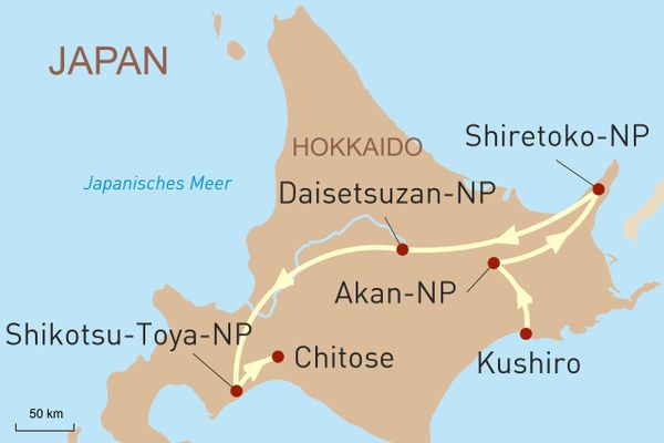 Reisekarte Mietwagenreise Hokkaido: Land der Vulkane und Seen