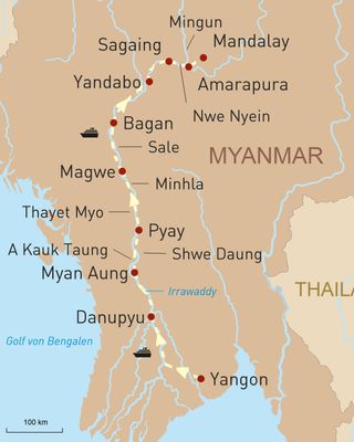 Reisekarte von Yangon nach Mandalay