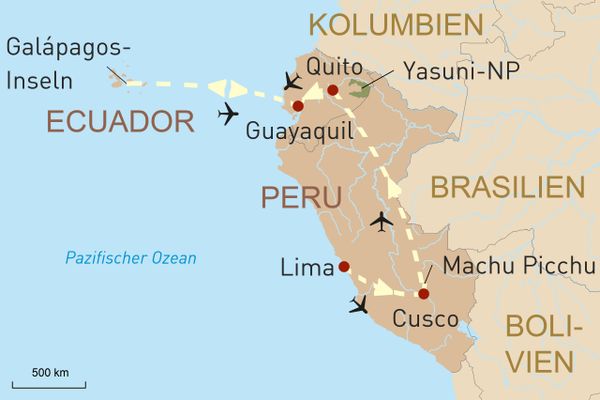 Reisekarte Von Machu Picchu zu den Galapagos Inseln