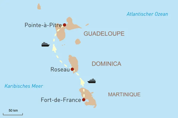 Karte für Reiseverlauf - Inselhuepfen in der Karibik