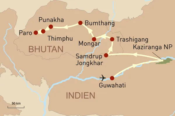 Karte Wildes Assam und mystisches Bhutan