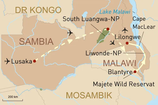 Reisekarte Afrika Arabien Sambia und Malawi