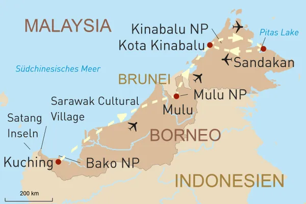 Reisekarte Borneo Reise: Höhepunkte Borneos entdecken