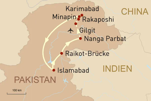 Abenteuer-Reise Pakistan: Karakorum, Märchenwiese und Hunza-Tal - Reiseroute