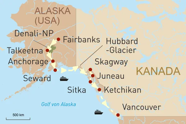 Alaska und Kreuzfahrt entlang der Inside Passage - Landkarte