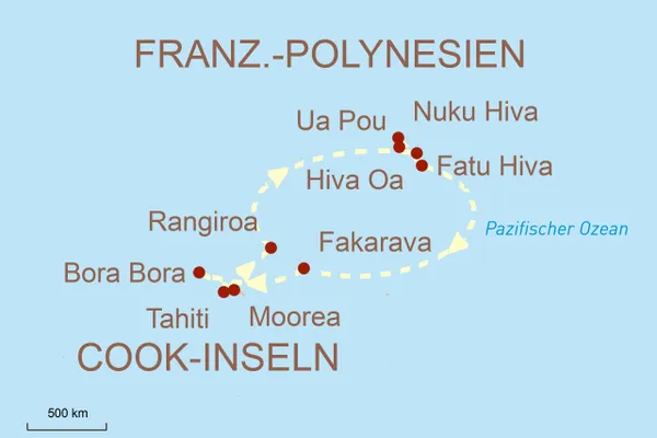 Ponant-Traumkreuzfahrt: eine Odyssee durch die Marquesas-, Tuamotu- und Gesellschaftsinseln - Karte