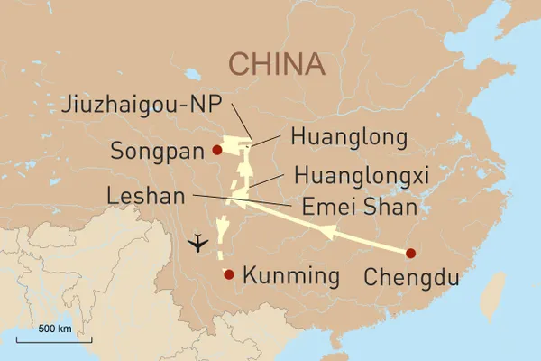 Karte Reise in den Südwesten Chinas nach Sichuan – Heimat der Großen Pandas