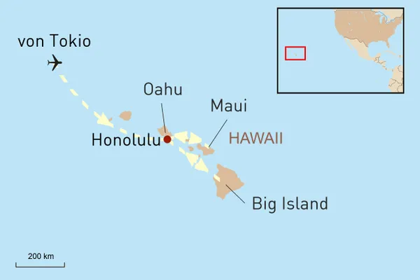 Reisekarte von Tokio über Hawaii